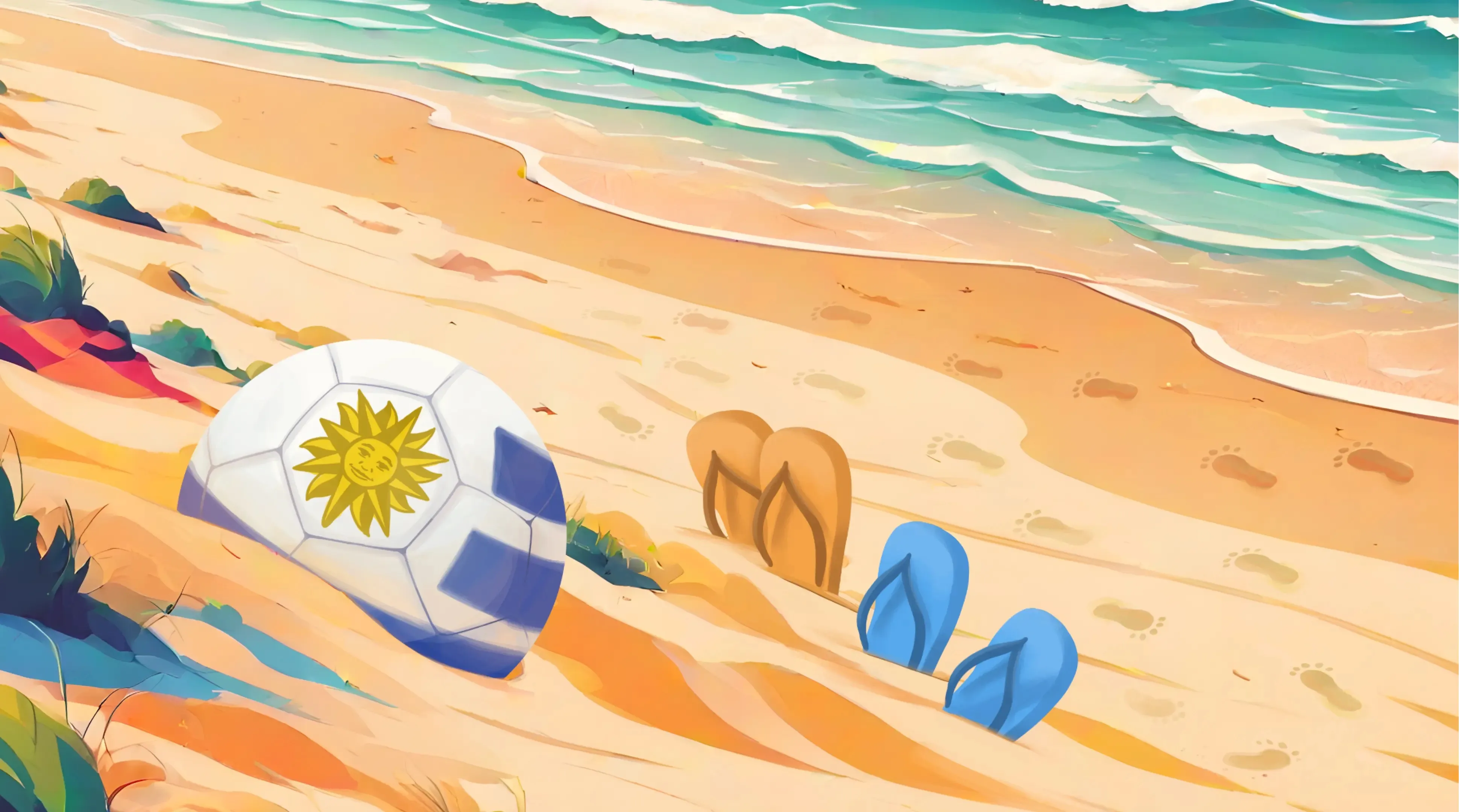 Ilustracion colorida de playa uruguaya con el texto Hello World