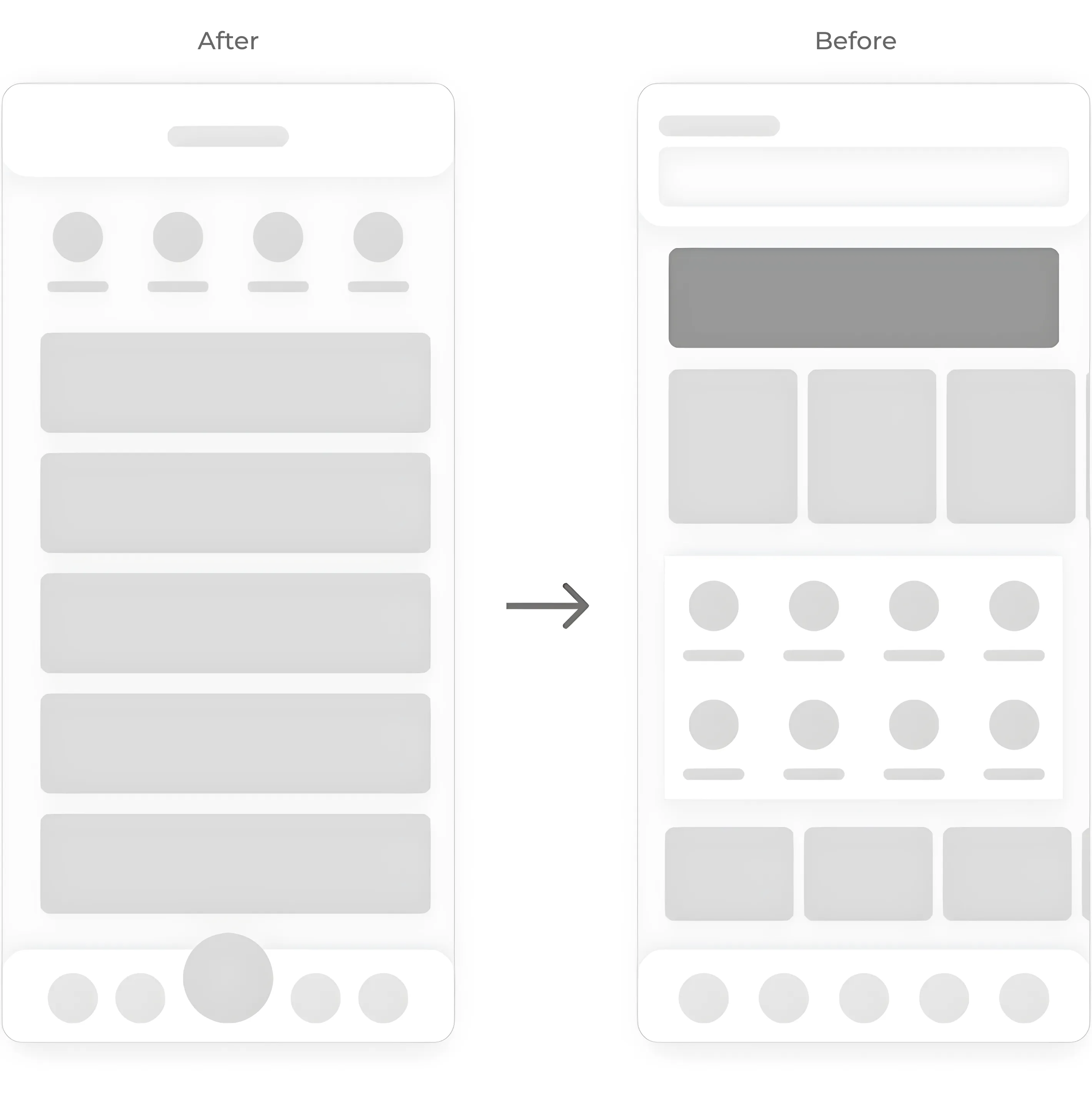 Before and after comparison of the home screen wireframes